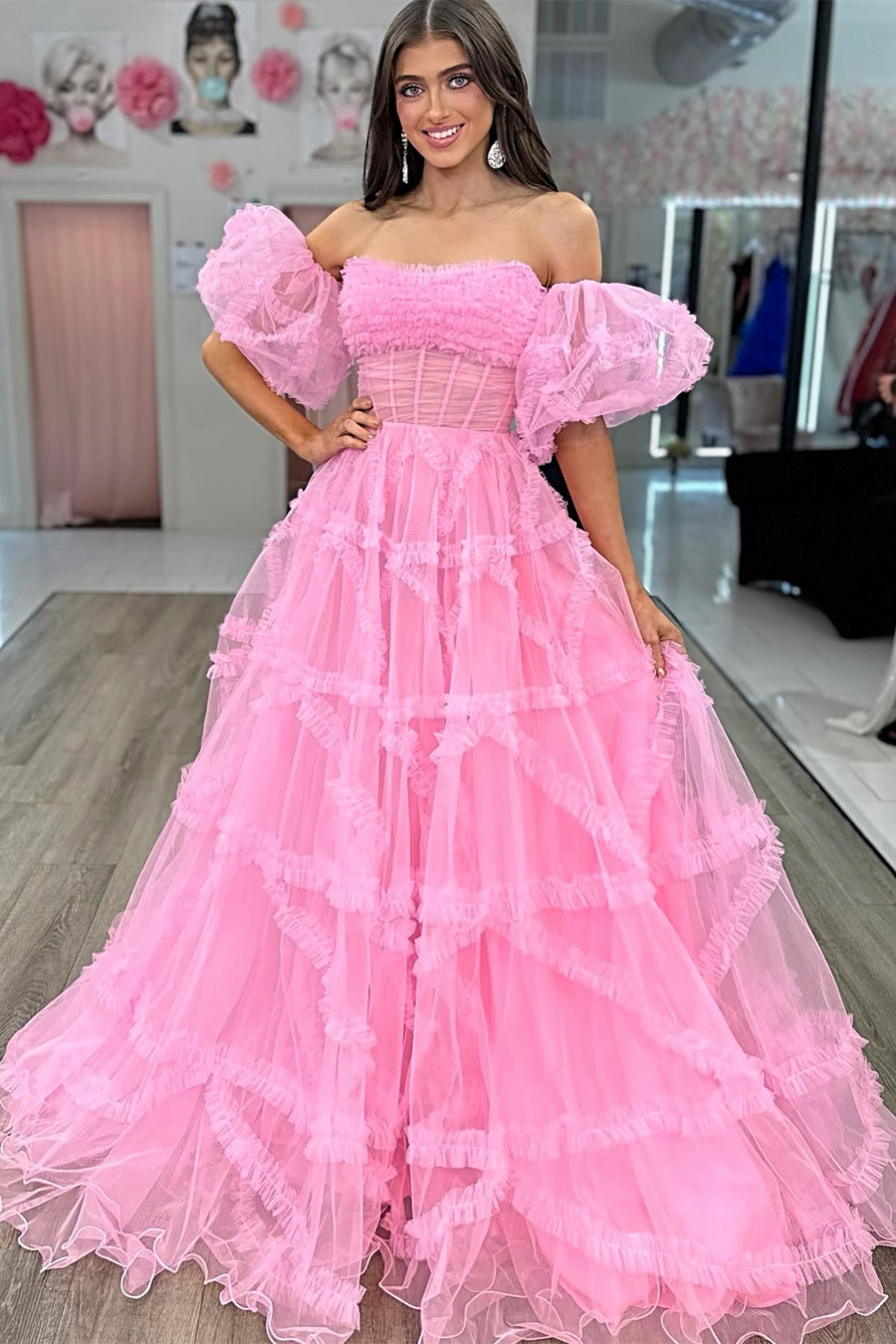Magenta Strapless Ruffles A-Line Long Formal Dress with Puff Sleeves Modsele Magenta Strapless Ruffles A-Line Long Formal Dress with Puff Sleeves Modsele