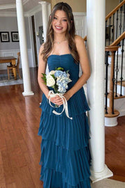 Emerald Green Strapless Multi-Layer Long Formal Dress