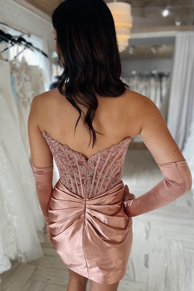 Lace Satin Strapless Pleated Short Homecoming Dress with Gloves Modsele Lace Satin Strapless Pleated Short Homecoming Dress with Gloves Modsele
