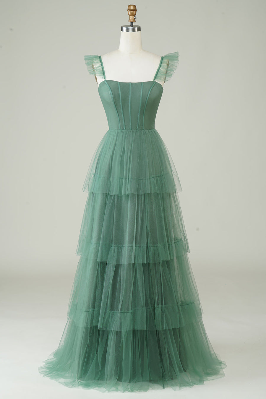 Tiered A-Line Long Prom Dress with Flutter Sleeves in green