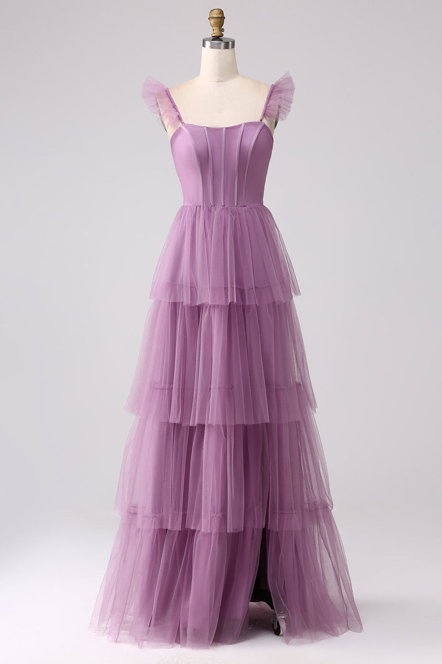 Tiered A-Line Long Prom Dress with Flutter Sleeves in purple