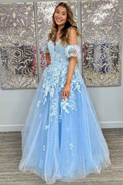 A-Line Appliques Plunge V Long Prom Dress with  Detachable Sleeves in light blue