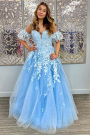 A-Line Appliques Plunge V Long Prom Dress with  Detachable Sleeves in light blue