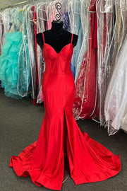 Red Corset Lace-Up Mermaid Long Formal Dress with Slit