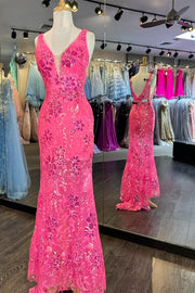 Pink Sequin Appliques Plunge V Mermaid Long Formal Dress