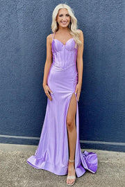 Corset Spaghetti Strap Mermaid Long Dress with Slit in lavender