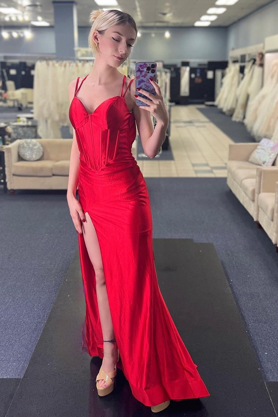 Red Corset Spaghetti Strap Mermaid Long Dress with Slit