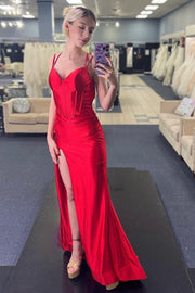 Corset Spaghetti Strap Mermaid Long Dress with Slit in red