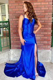 Corset Spaghetti Strap Mermaid Long Dress with Slit in royal blue