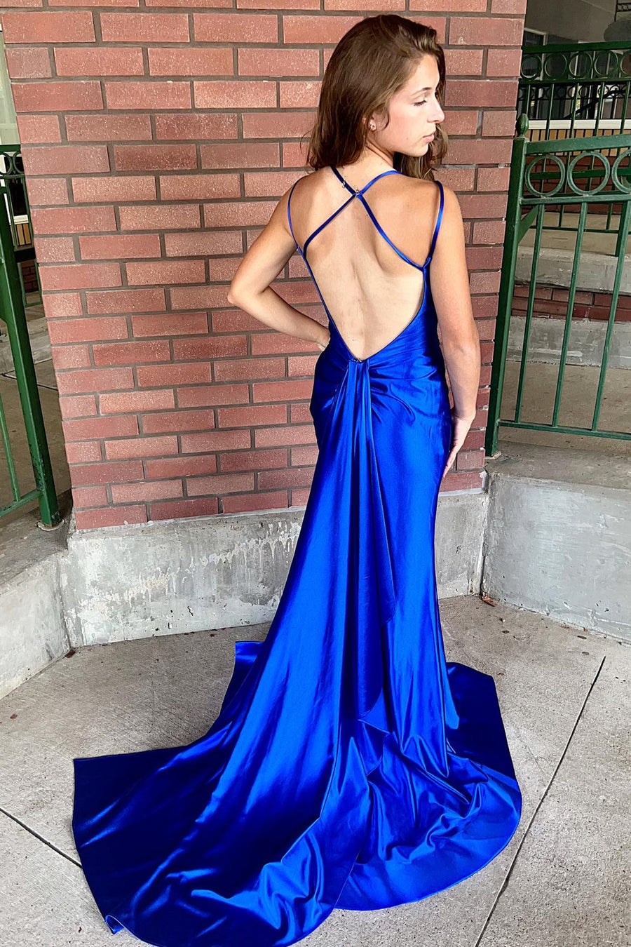 back of Corset Spaghetti Strap Mermaid Long Dress with Slit in royal blue