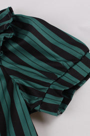 Dark Green Striped Lapel Short Sleeve Midi Vintage Dress