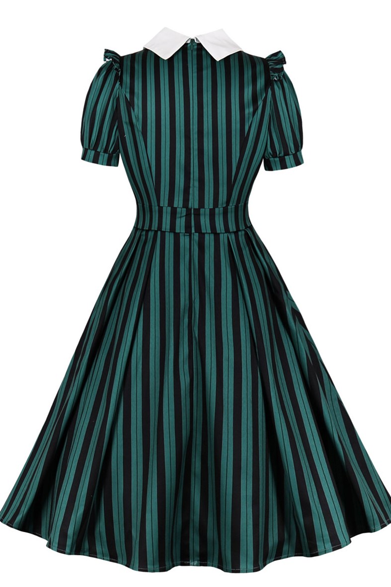 Dark Green Striped Lapel Short Sleeve Midi Vintage Dress