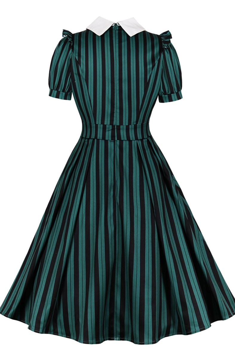 Dark Green Striped Lapel Short Sleeve Midi Vintage Dress Modsele Dark Green Striped Lapel Short Sleeve Midi Vintage Dress Modsele