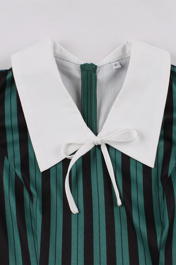 Dark Green Striped Lapel Short Sleeve Midi Vintage Dress