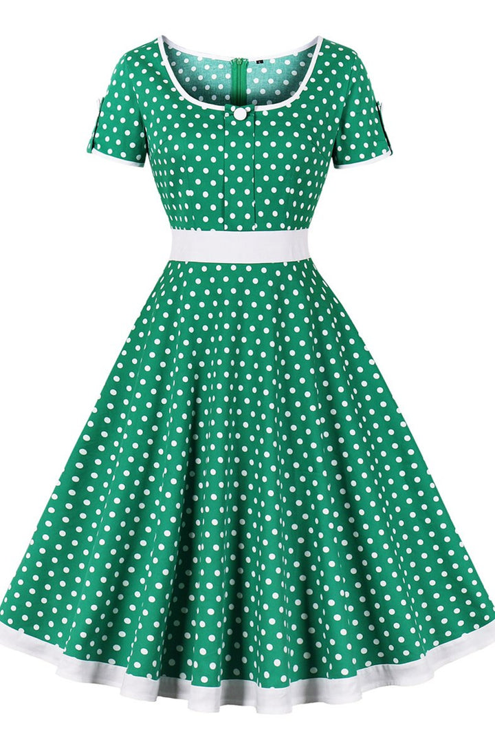 Vintage Polka Dot Short Sleeve A-Line Midi Dress