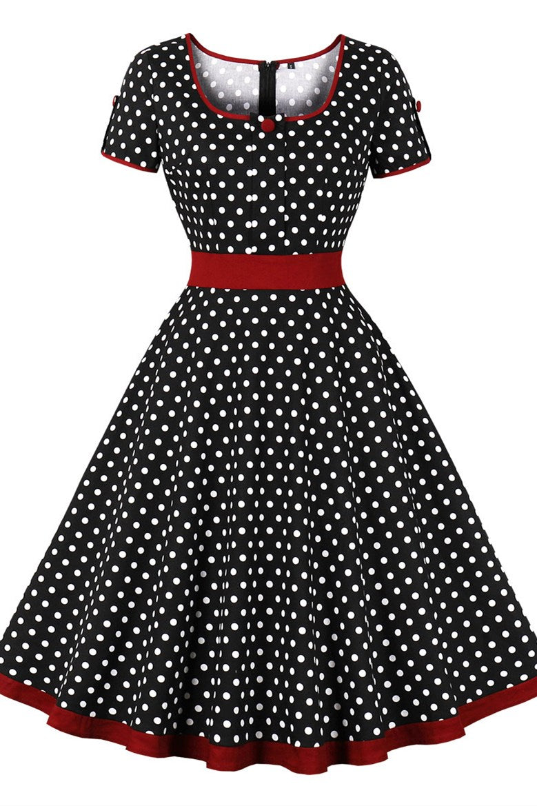 Vintage Polka Dot Short Sleeve A-Line Midi Dress