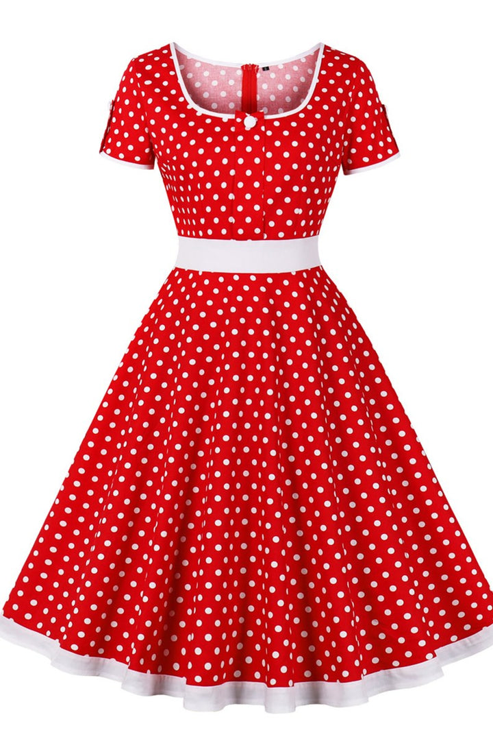 Vintage Polka Dot Short Sleeve A-Line Midi Dress