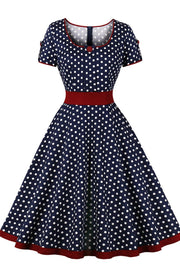 Vintage Polka Dot Short Sleeve A-Line Midi Dress