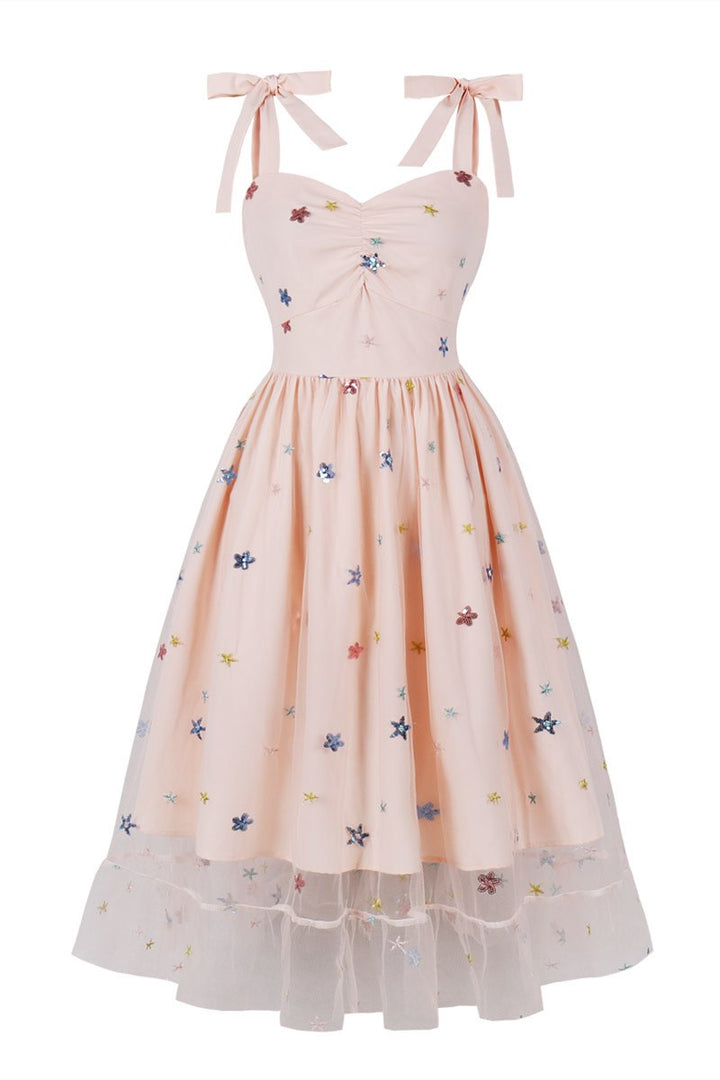 White Sequin Embroidered Bow Strap Vintage Midi Dress