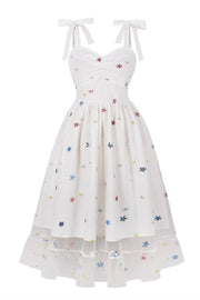 White Sequin Embroidered Bow Strap Vintage Midi Dress