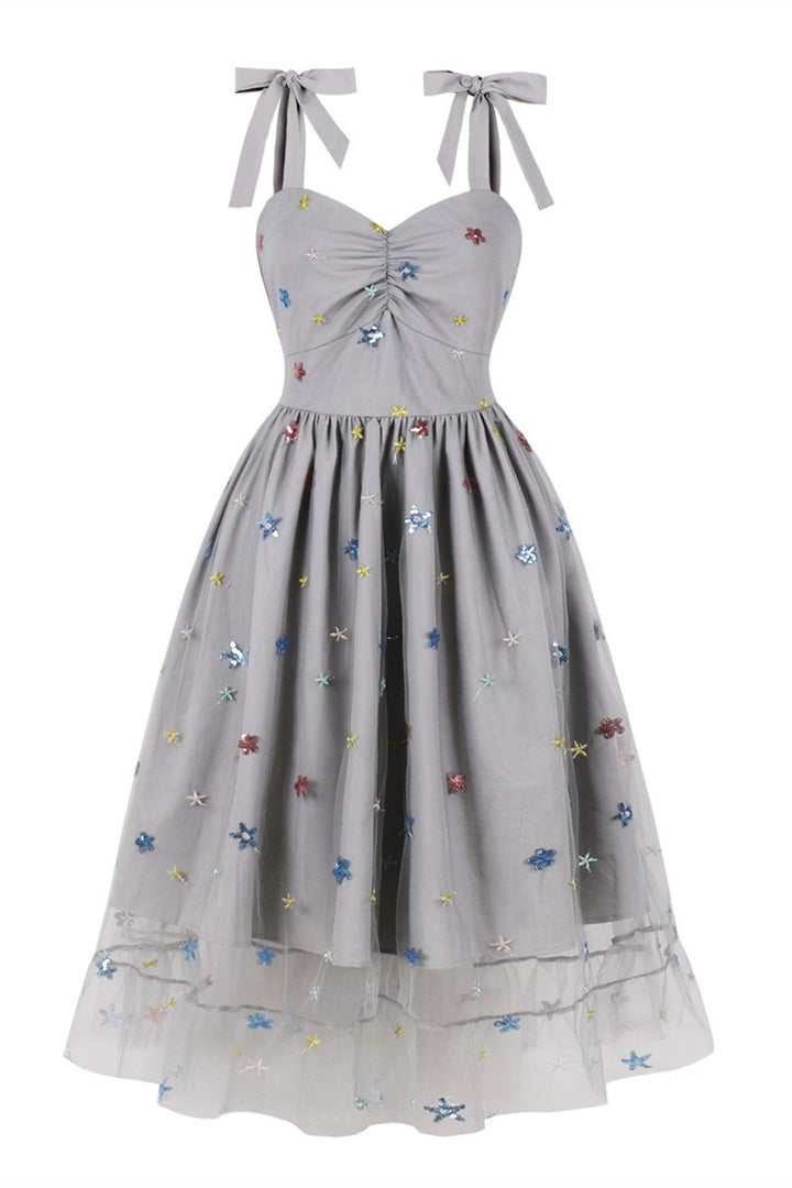 White Sequin Embroidered Bow Strap Vintage Midi Dress