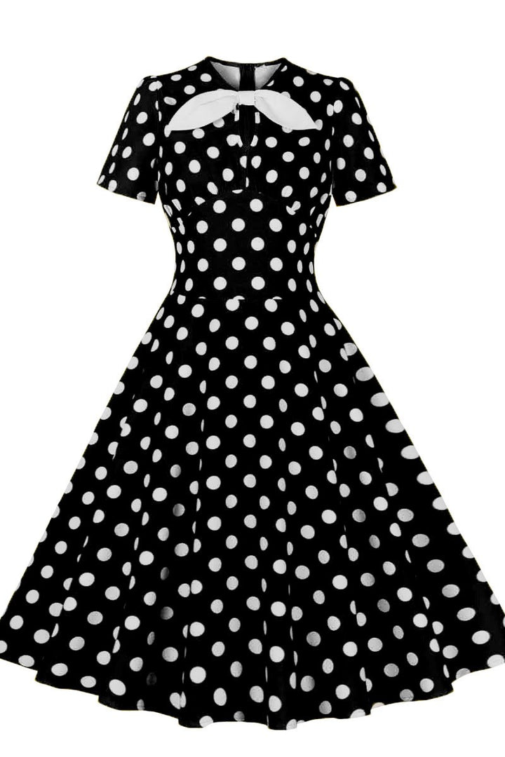 Audrey Hepburn' Style Polka Dot Short Sleeve Midi Dress