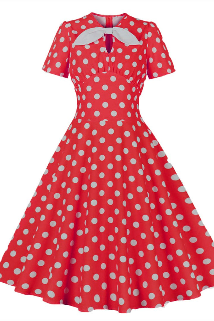 Audrey Hepburn' Style Polka Dot Short Sleeve Midi Dress