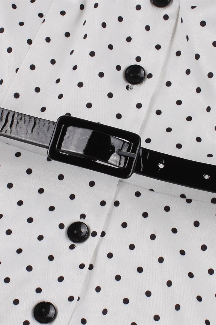 1950s White Polka Dot Lapel Midi Dress with Belt