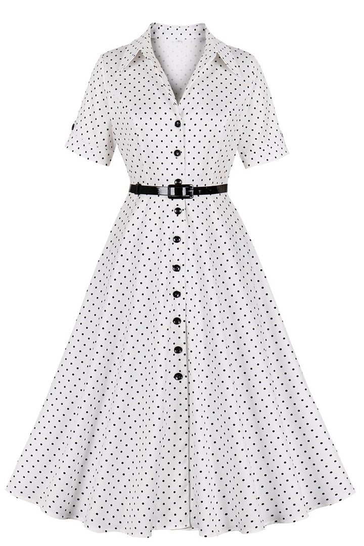 1950s White Polka Dot Lapel Midi Dress with Belt