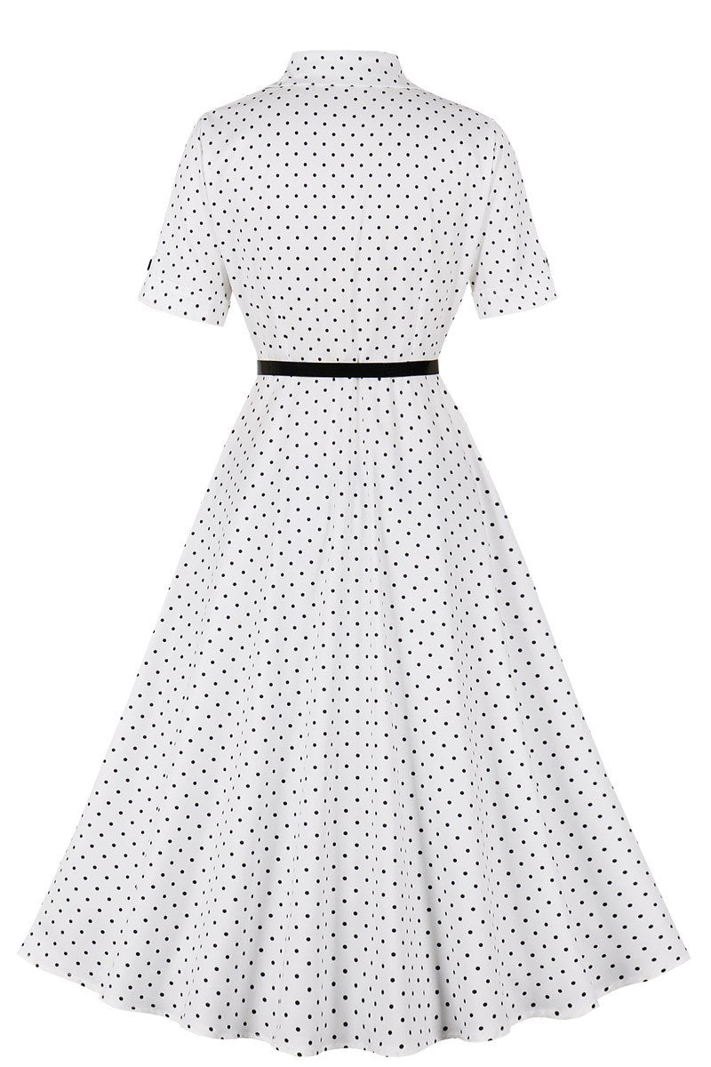 1950s White Polka Dot Lapel Midi Dress with Belt