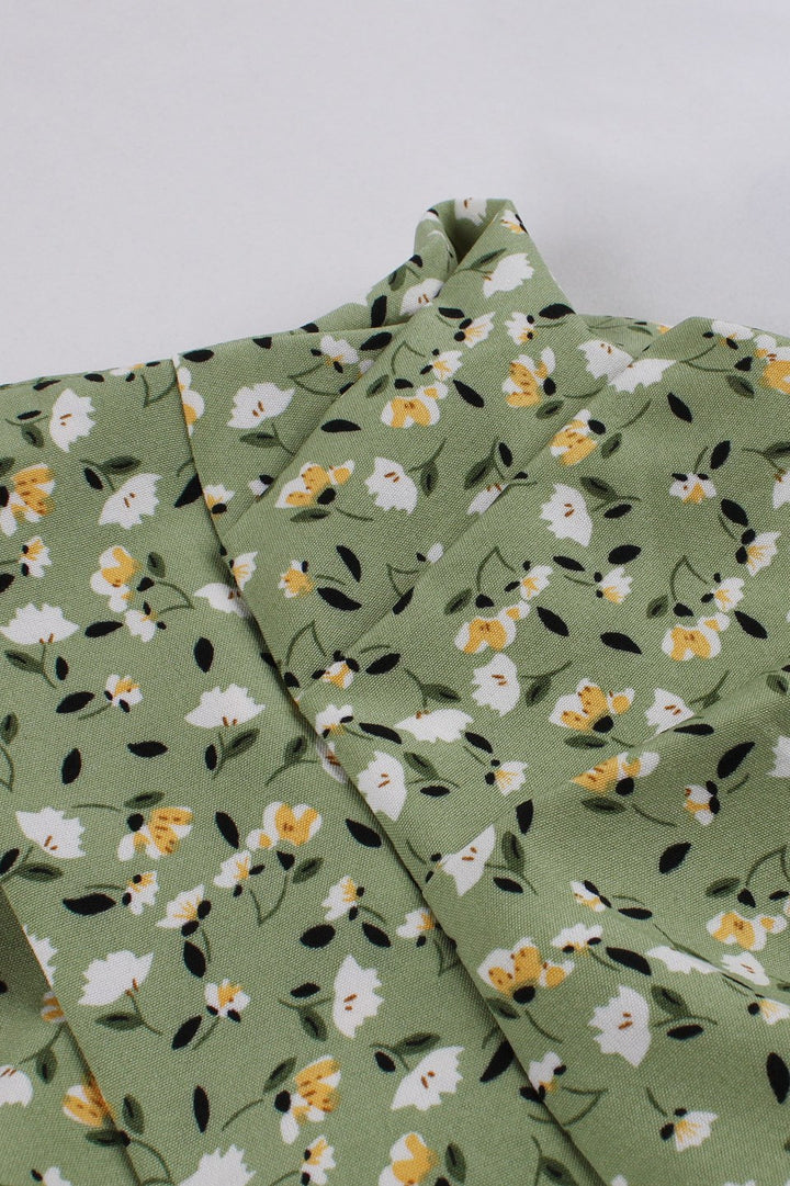 Vintage Green Print Square Neck Midi Dress