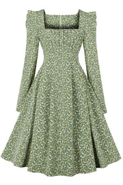 Vintage Green Print Square Neck Midi Dress