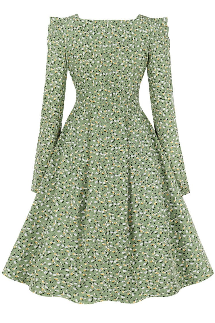 Vintage Green Print Square Neck Midi Dress