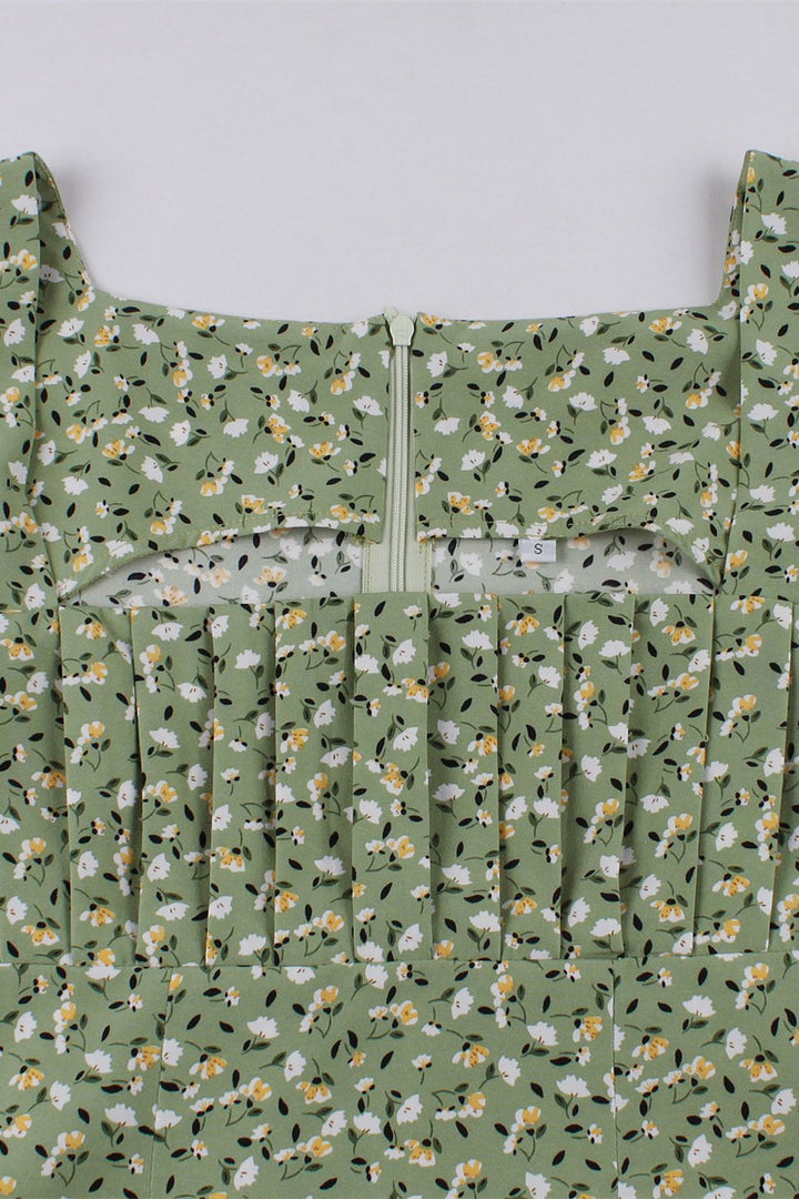 Vintage Green Print Square Neck Midi Dress