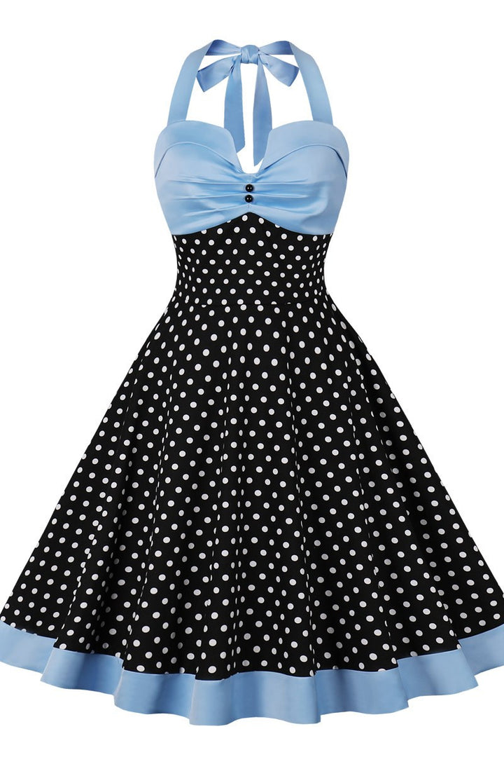 Vintage Pink and Black Polka Dot Halter Midi Dress