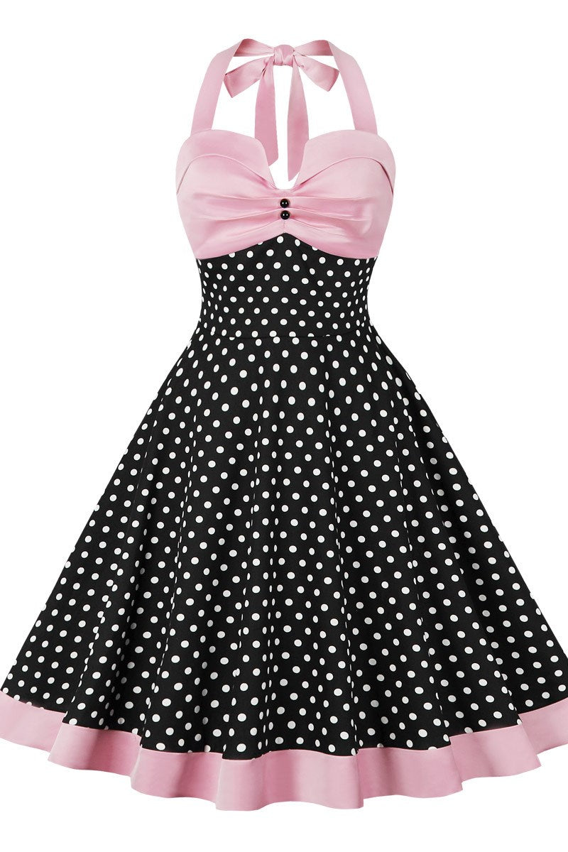 Vintage Pink and Black Polka Dot Halter Midi Dress