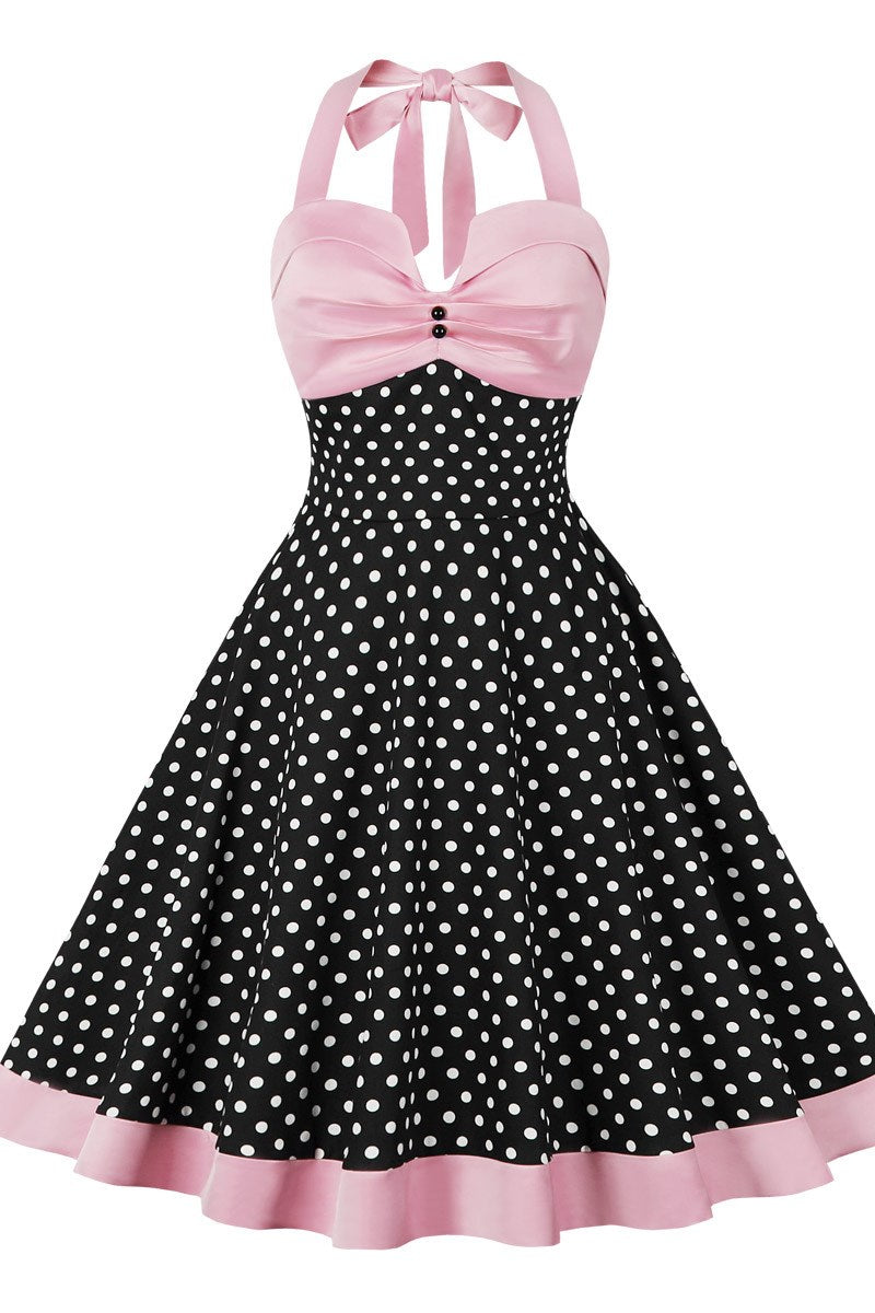 Vintage Pink and Black Polka Dot Halter Midi Dress Modsele Vintage Pink and Black Polka Dot Halter Midi Dress Modsele