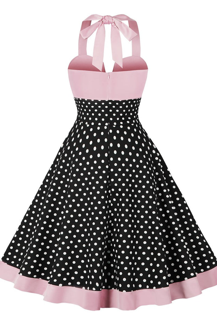 Vintage Pink and Black Polka Dot Halter Midi Dress