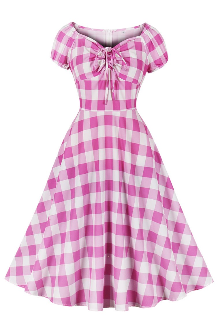 Barbie Pink Gingham Puff Sleeve Midi Dress – Modsele