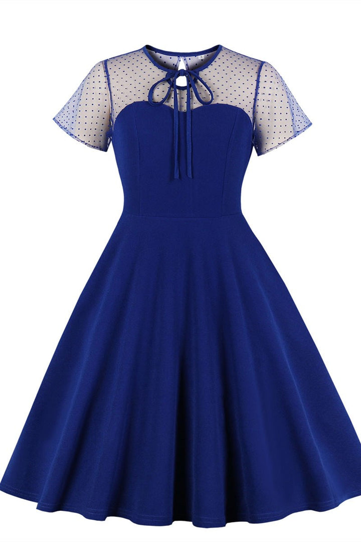 Red Polka Dot Keyhole Back A-Line Midi Dress with Short Sleeves
