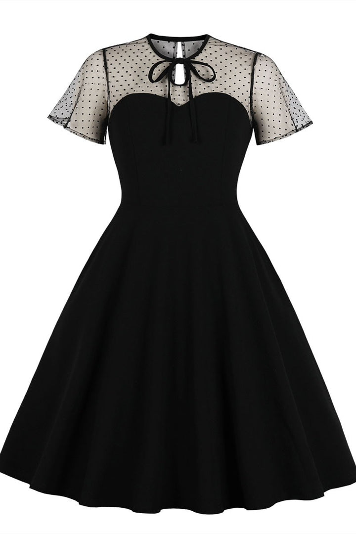 Red Polka Dot Keyhole Back A-Line Midi Dress with Short Sleeves
