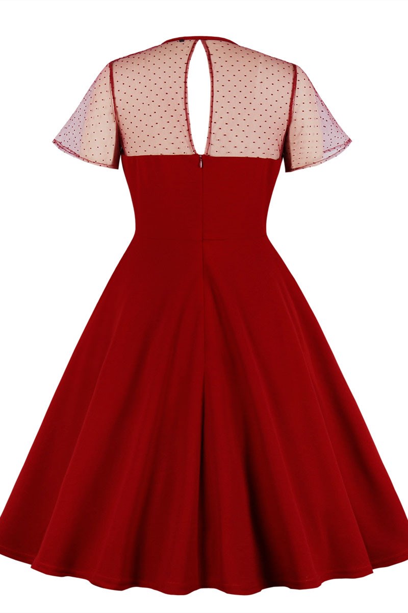 Red Polka Dot Keyhole Back A-Line Midi Dress with Short Sleeves
