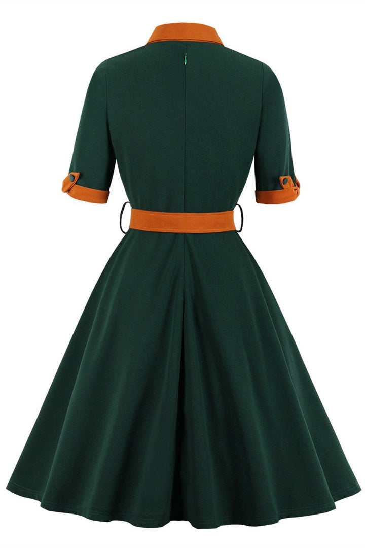 Plus Size 1950s Lapel Half Sleeve A-Line Midi Dress with Belt