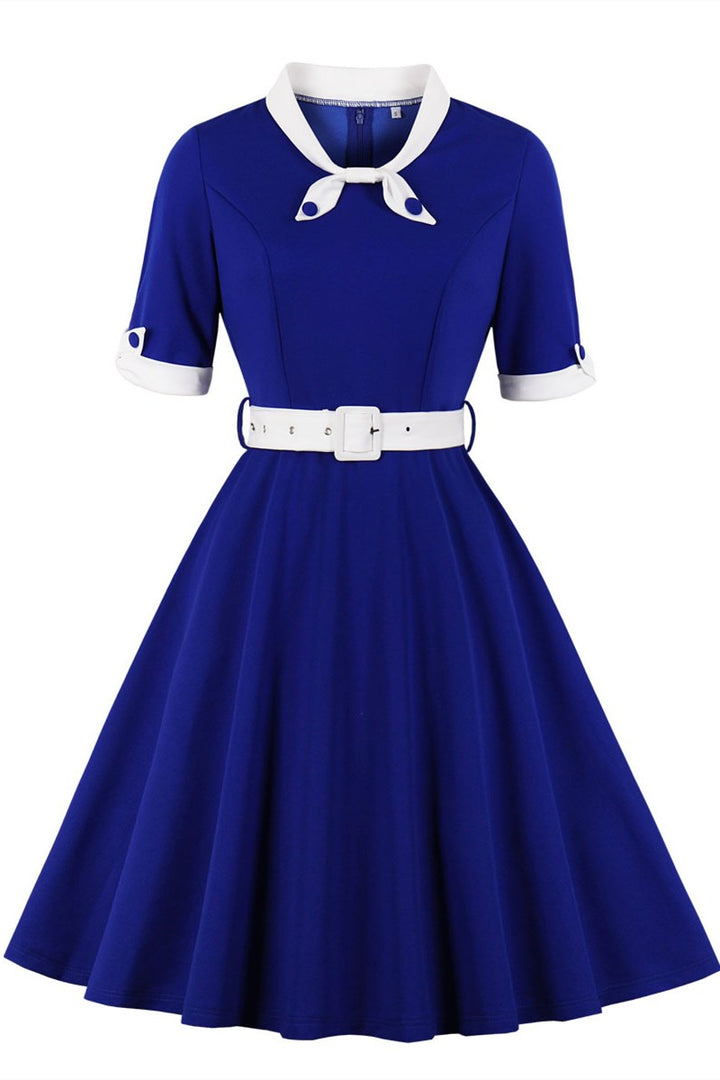 Plus Size 1950s Lapel Half Sleeve A-Line Midi Dress with Belt