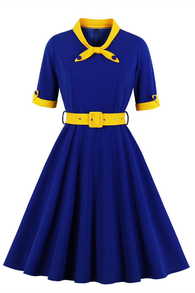 Plus Size 1950s Lapel Half Sleeve A-Line Midi Dress with Belt