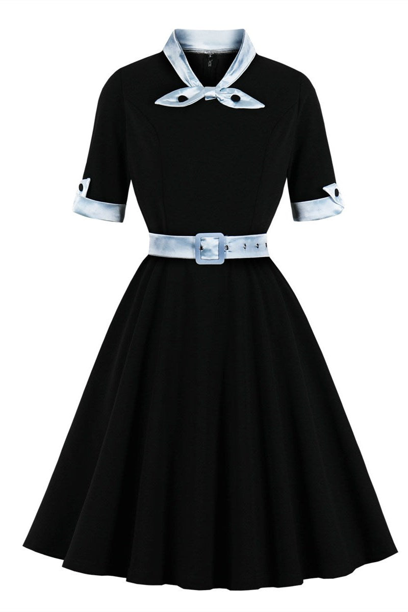 Plus Size 1950s Lapel Half Sleeve A-Line Midi Dress with Belt