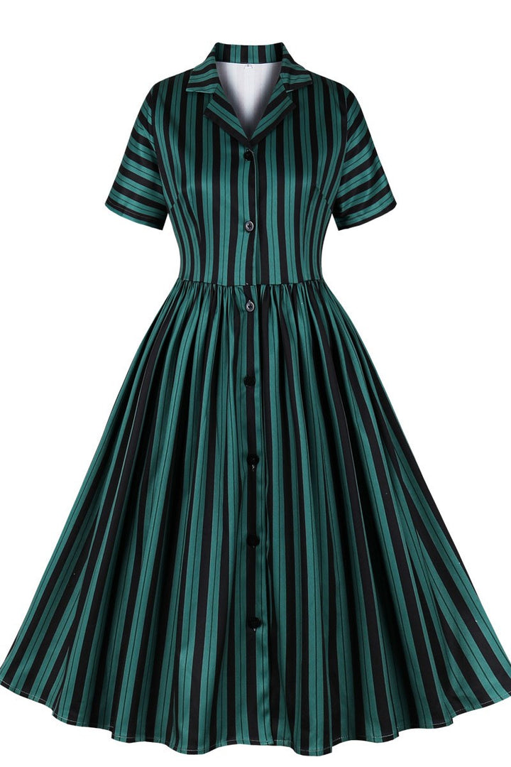 Dark Green Striped Single-Breasted Midi Vintage Dress
