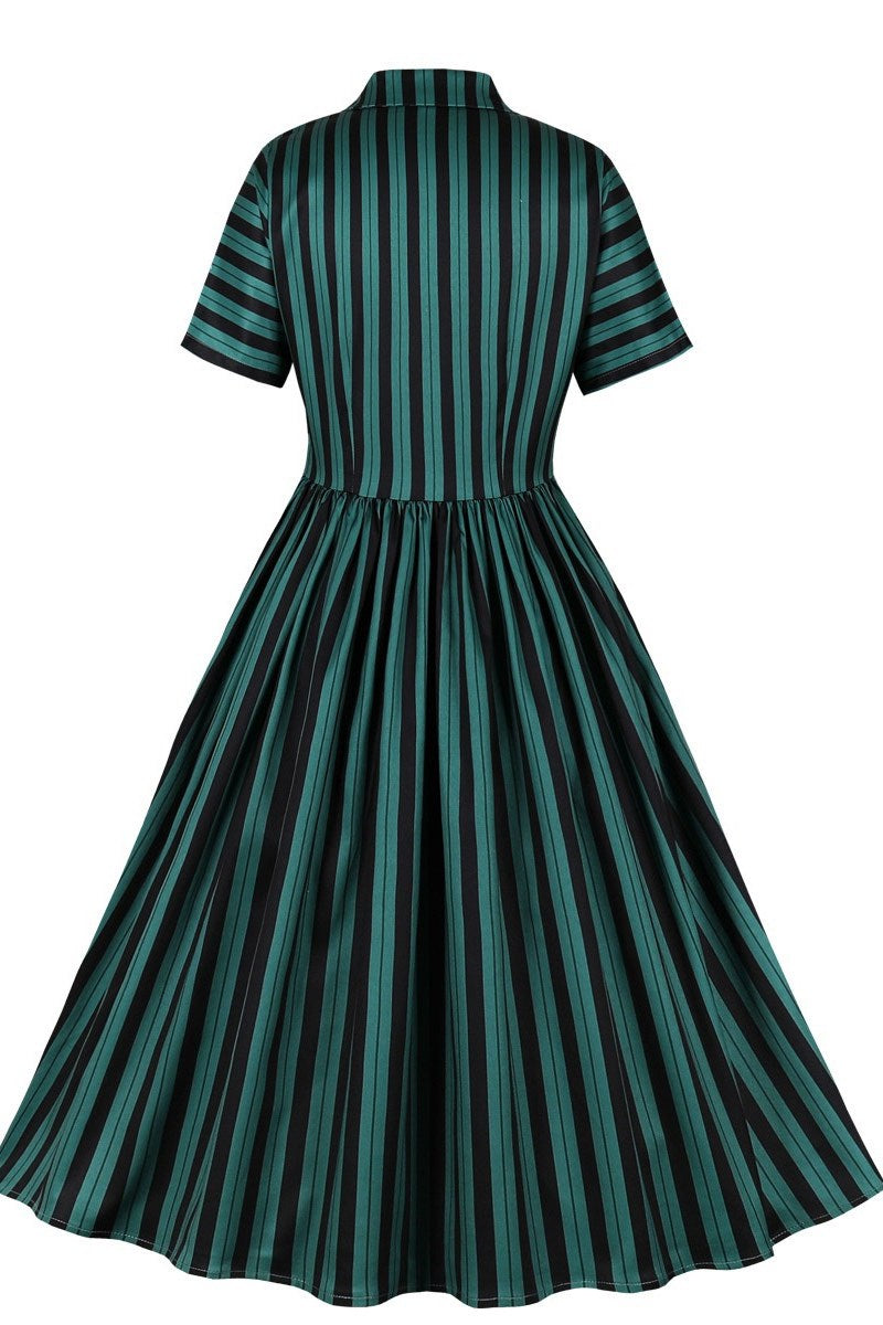 Dark Green Striped Single-Breasted Midi Vintage Dress