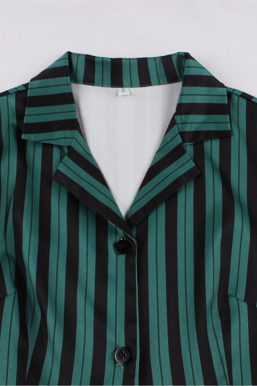 Dark Green Striped Single-Breasted Midi Vintage Dress