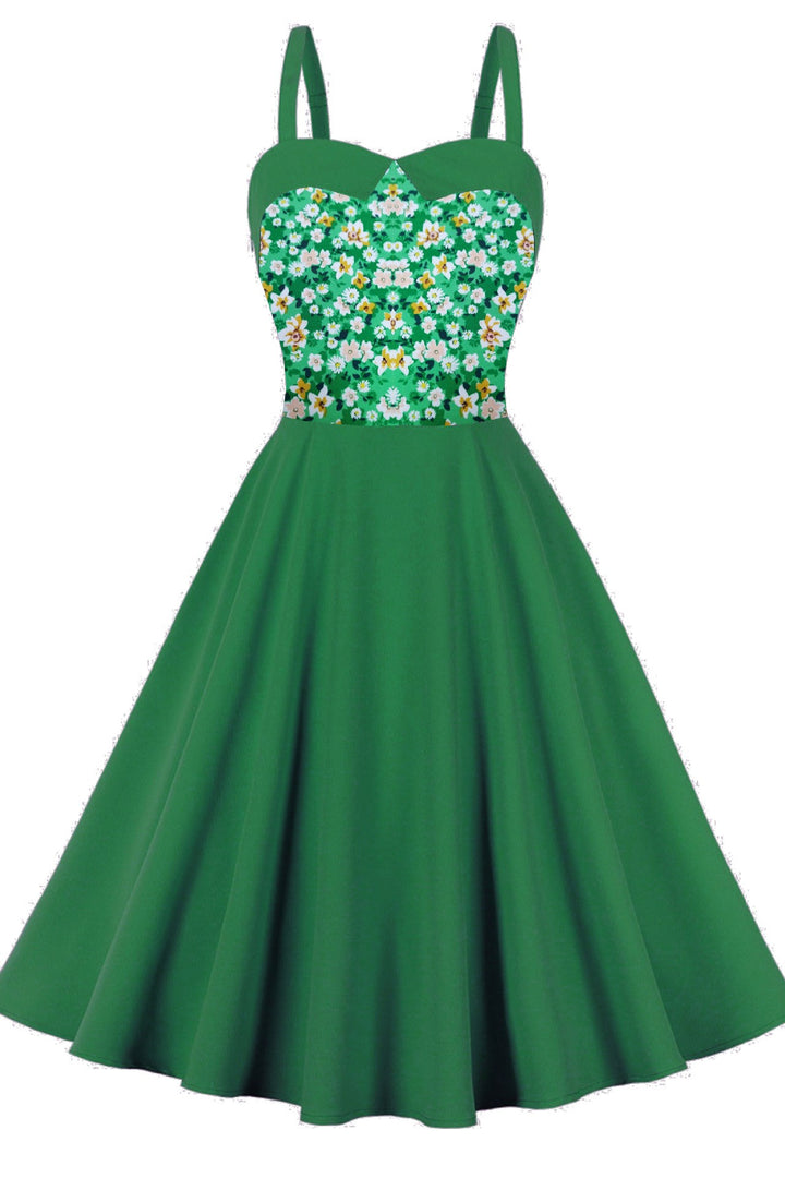 Hepburn Style Print Sweetheart Strap A-Line Midi Dress